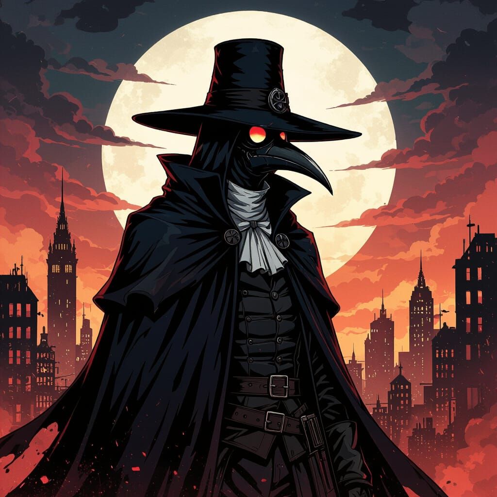 Anime Plague Doctor as Apocalypse Rider in Dying City