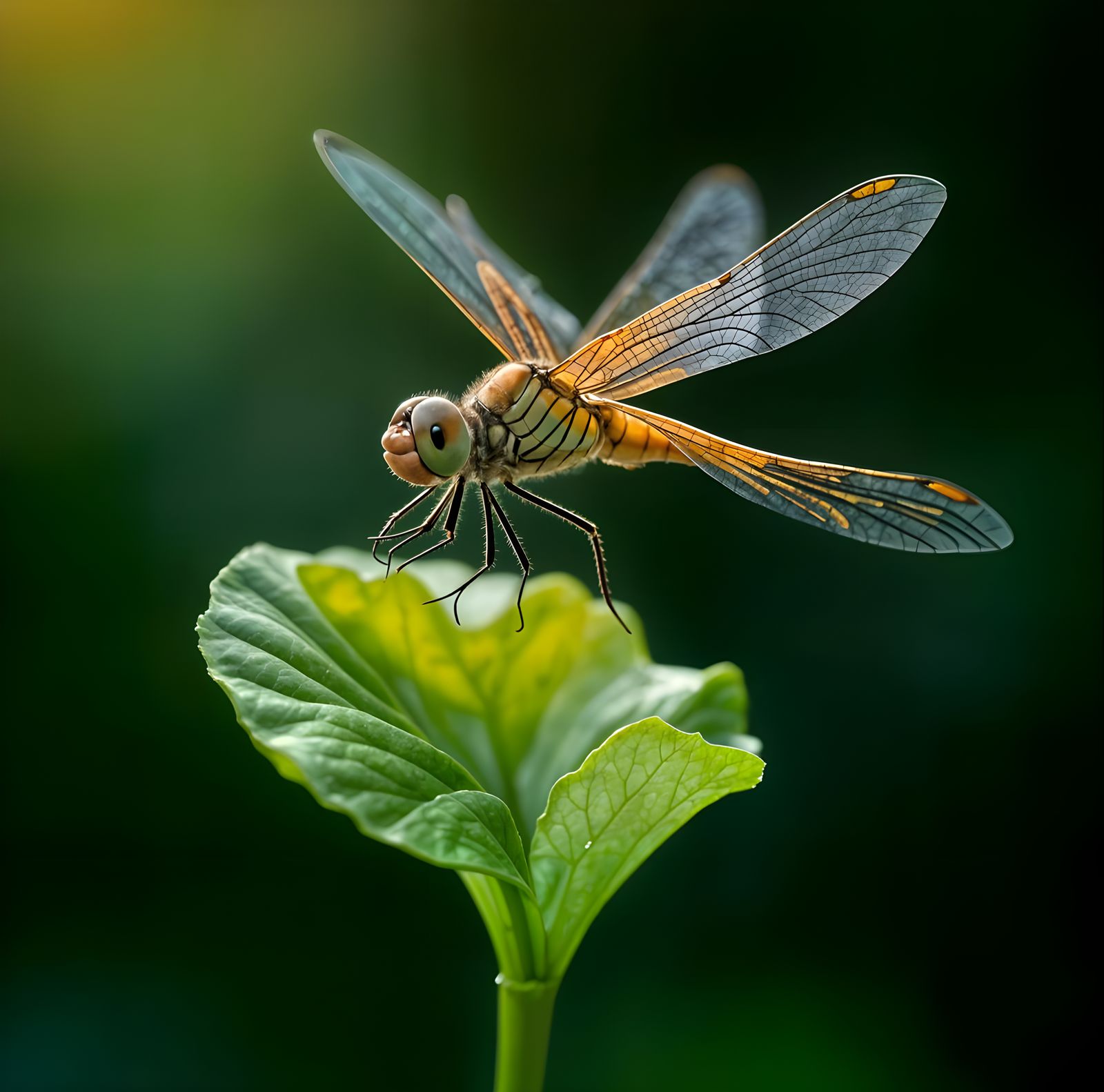 Dragonfly Above Jade Leaf in Photorealistic Macro Style
