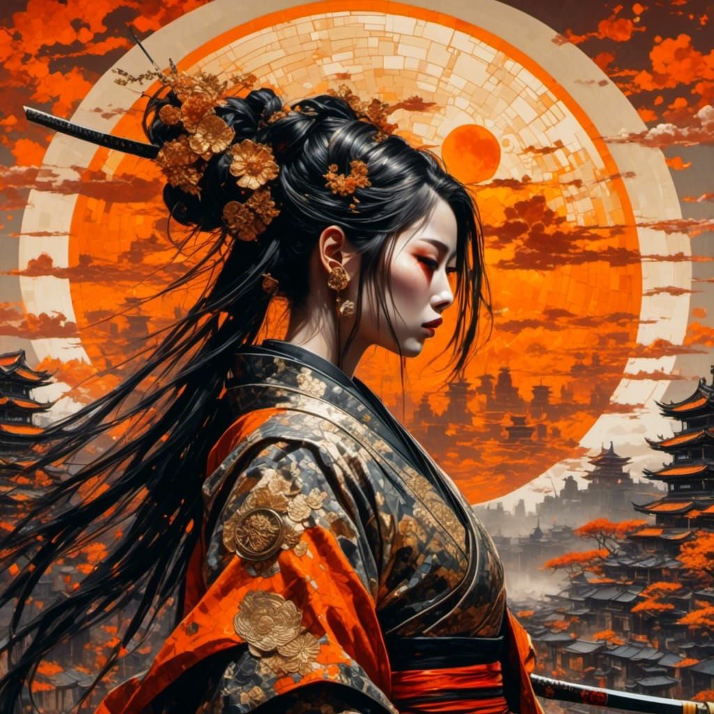 Female Samurai with Rising Sun Backdrop