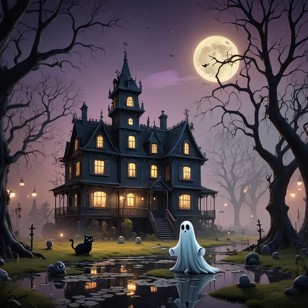 Ghost in Burton Style Manor: 3D Digital Art