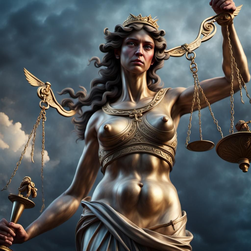 Scales of Justice with Greek Goddess Nemesis