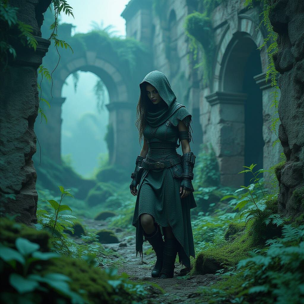 Cybernetic Explorer in Overgrown Ruins: Dark Surrealism