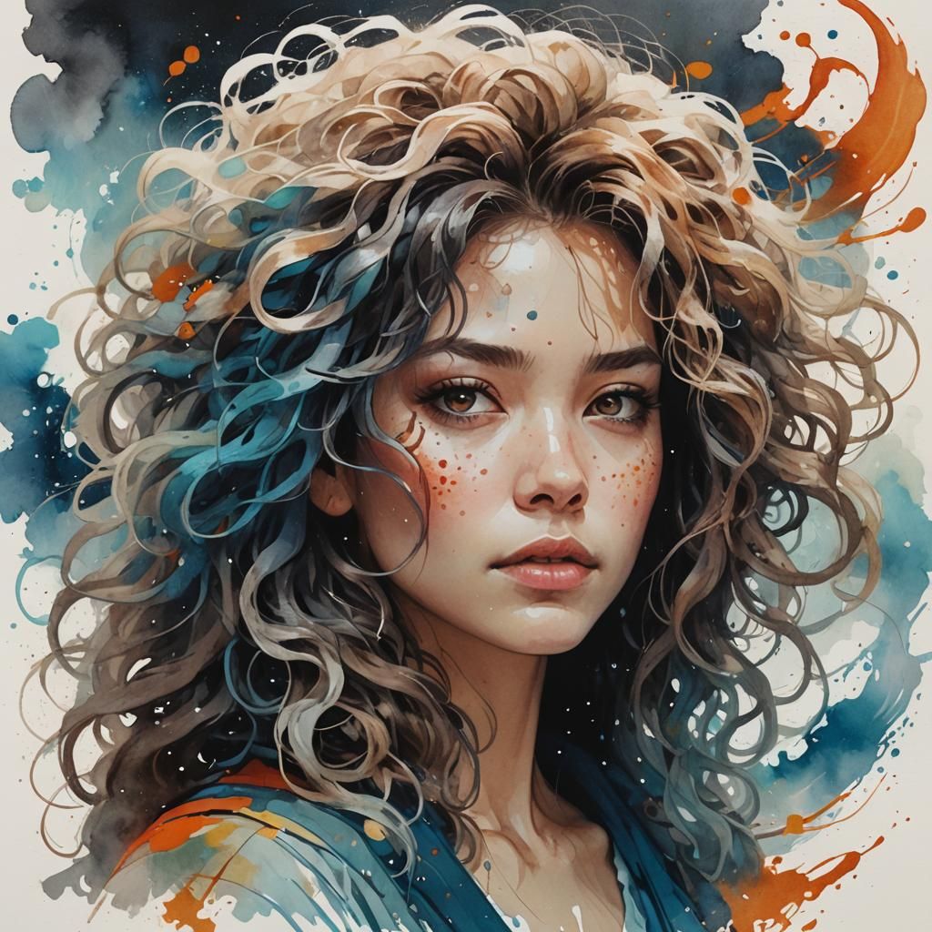 Woman with Wild Hair, Liquid Gouache Painting