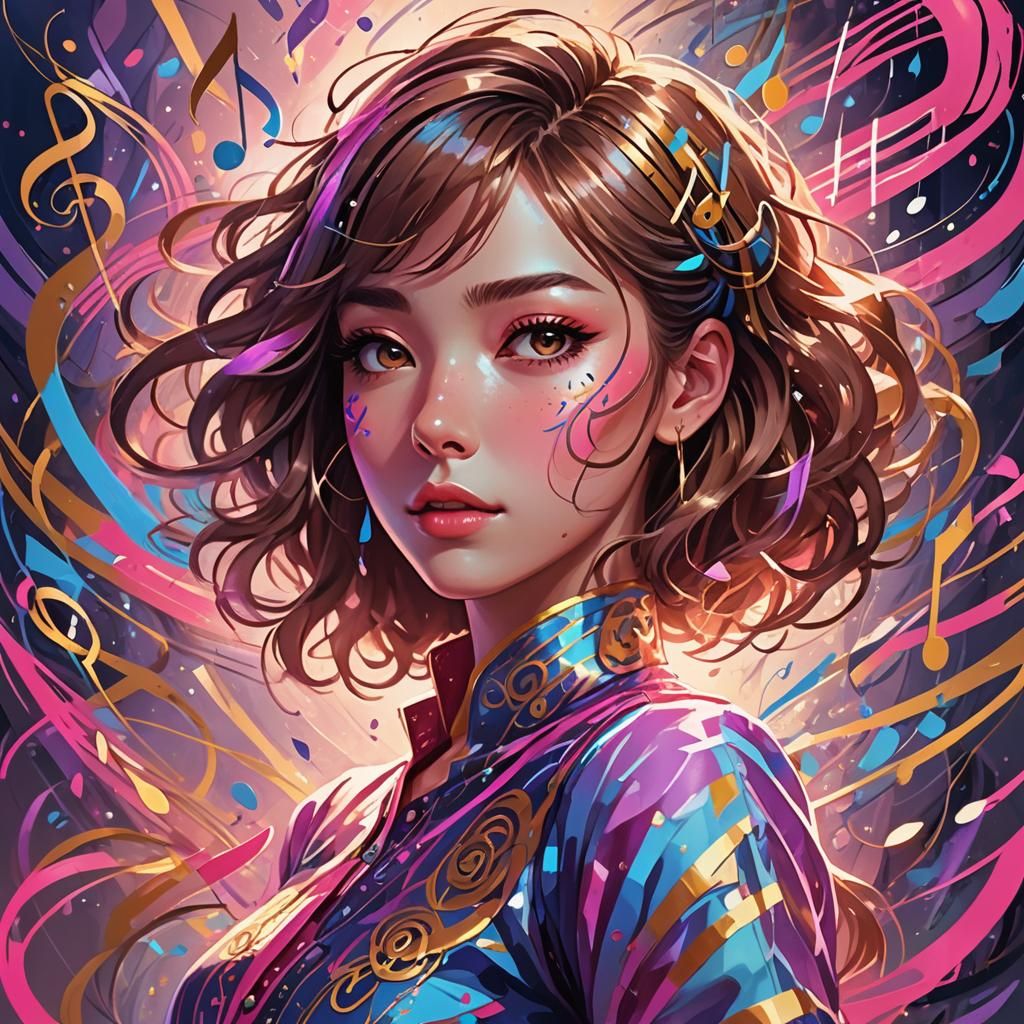 Anime Girl Dancing with Music Notes in Oil Painting Style