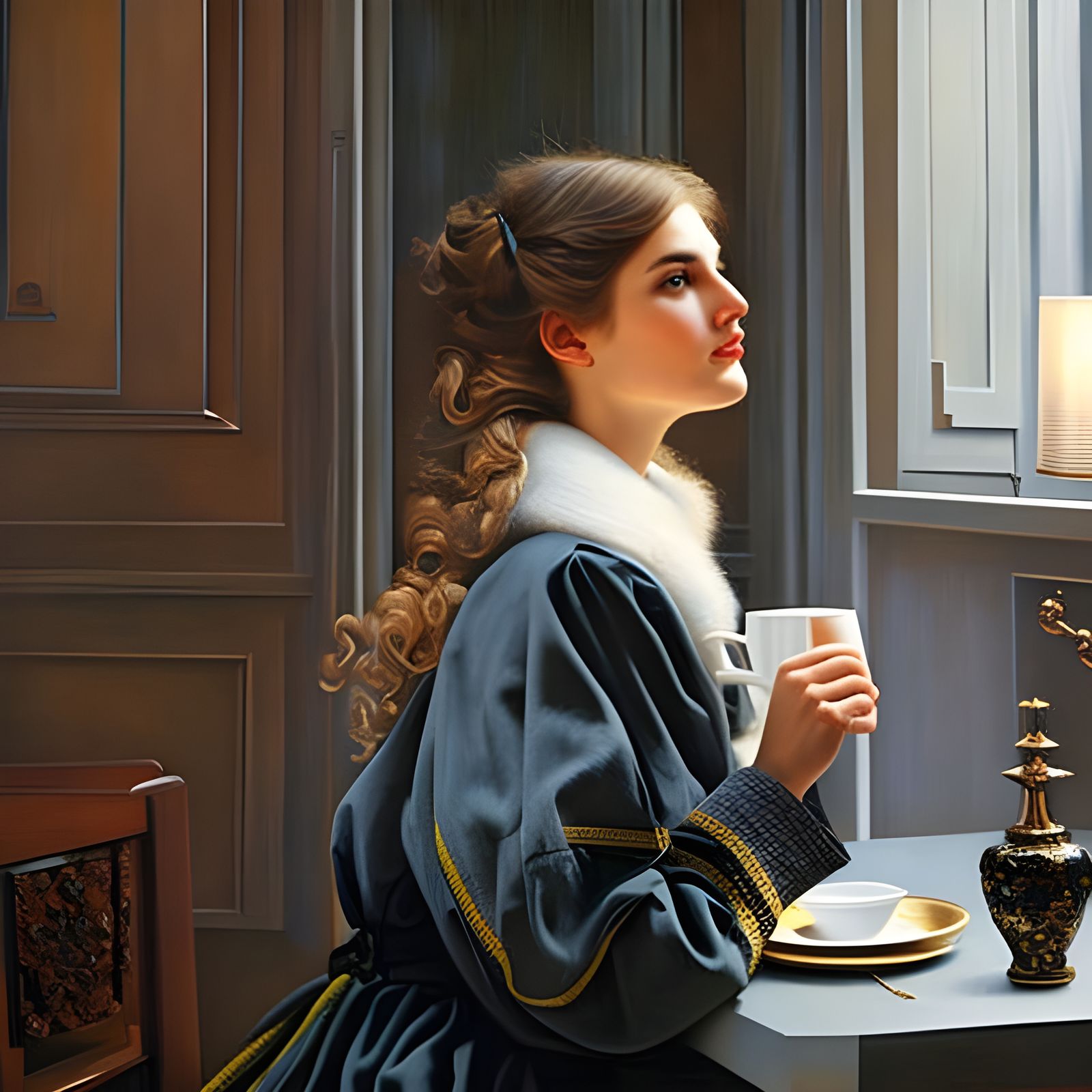 Beautiful Woman Having Tea in Cafe: Photorealistic Portrait
