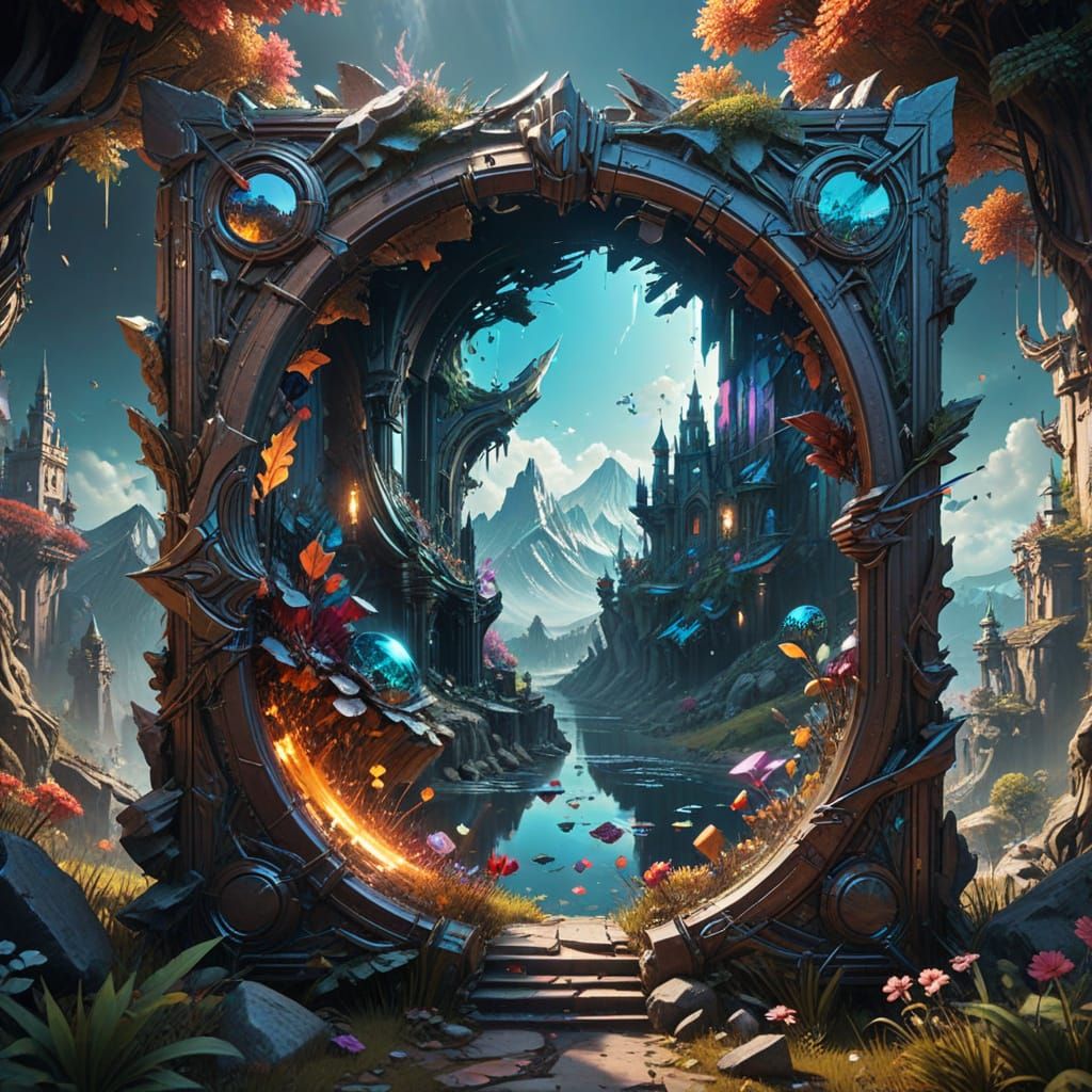 Surreal Dreamscape Reflected in Shattered Kaleidoscope Mirro...