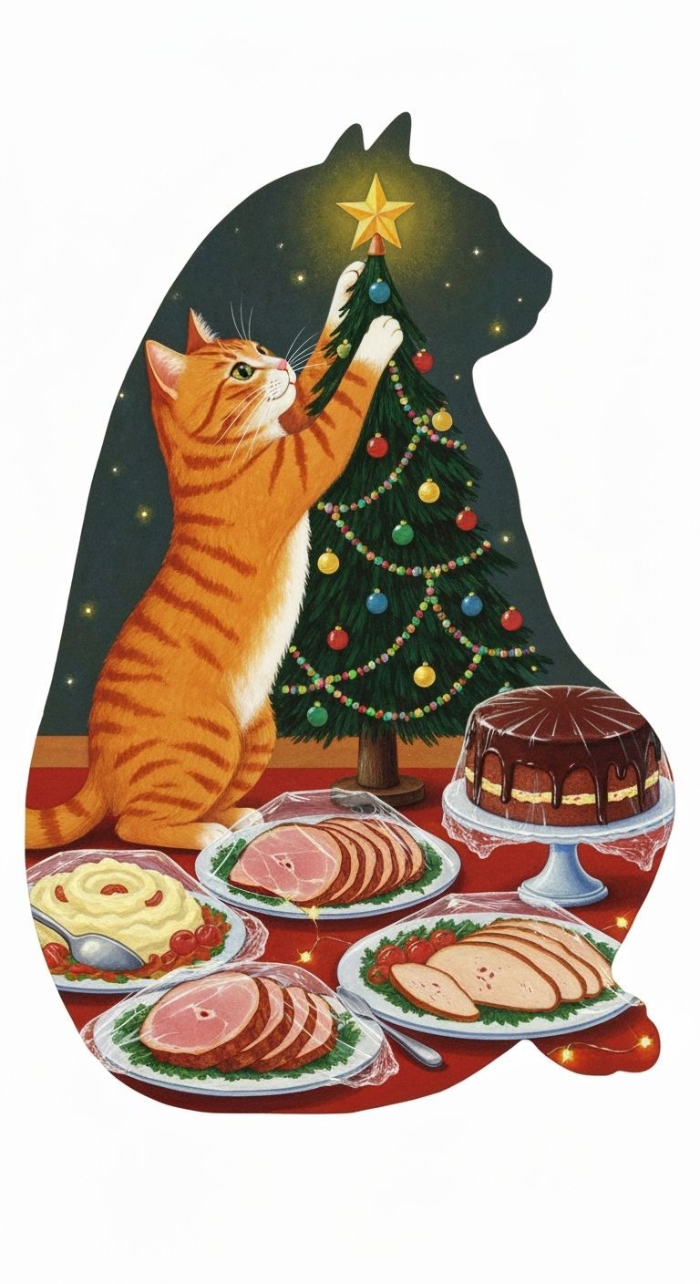 Whimsical Christmas Cat Card with Festive Feast