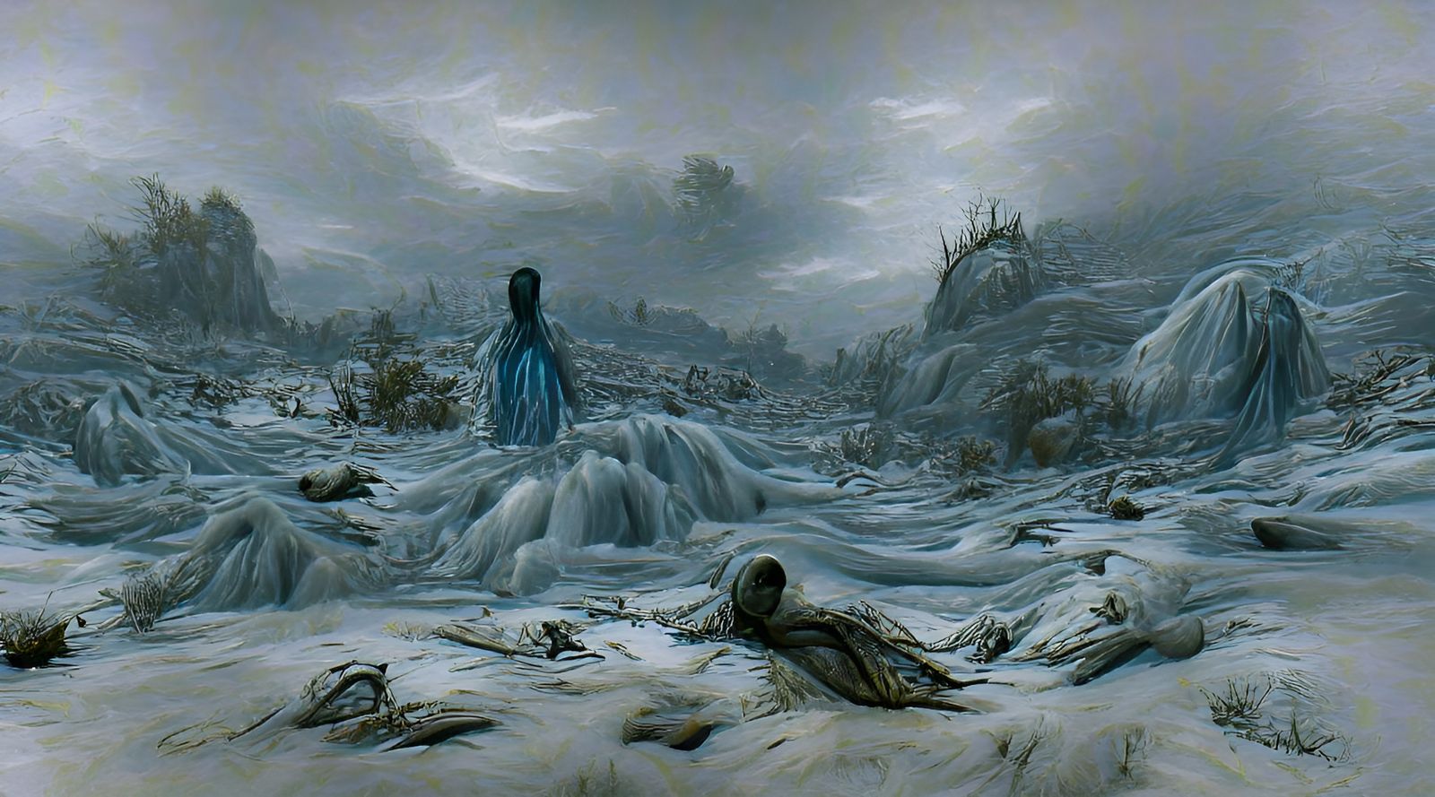 Icy Figure in Barren Wasteland: Photorealistic 4K