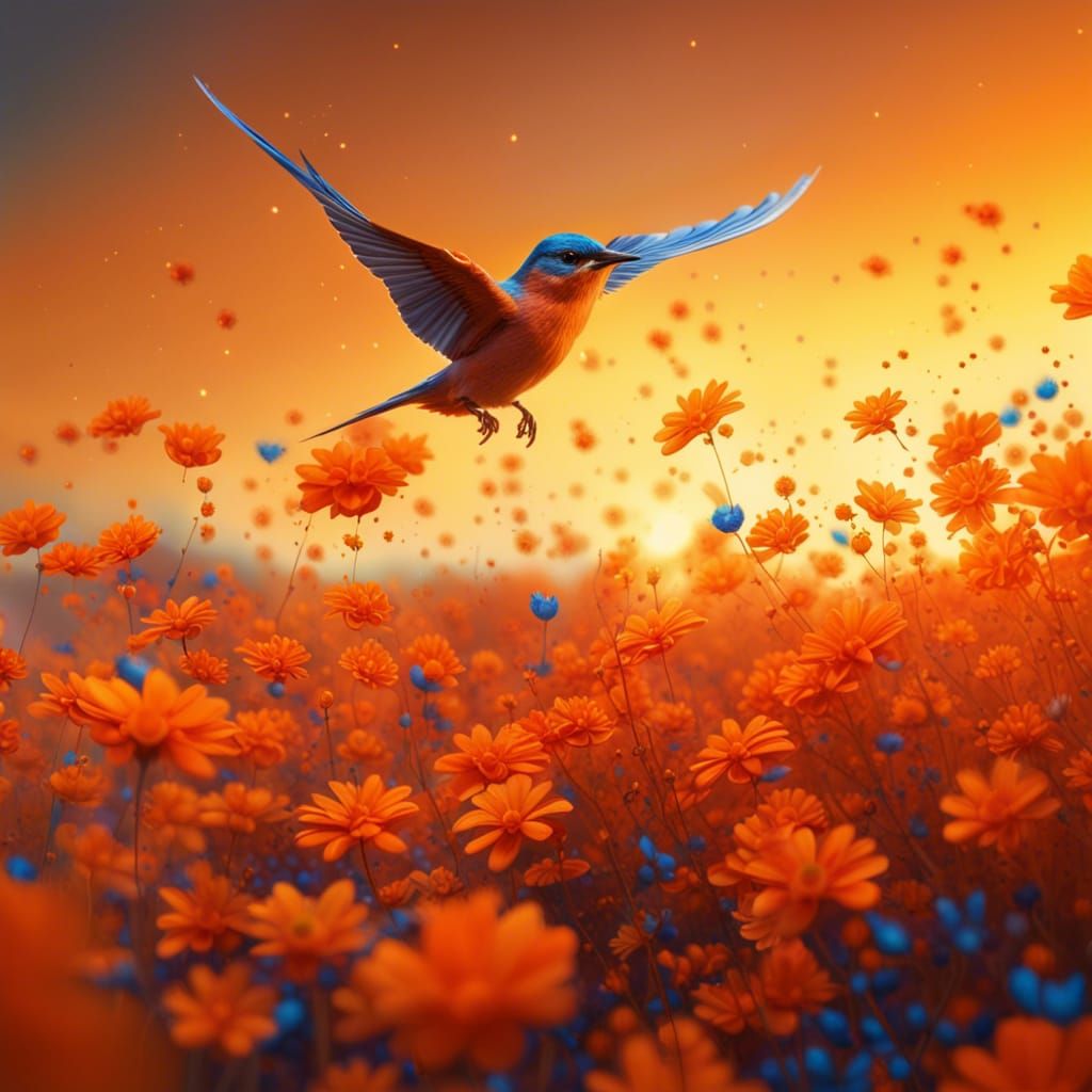 Blue Bird Flying Above Orange Flower Field