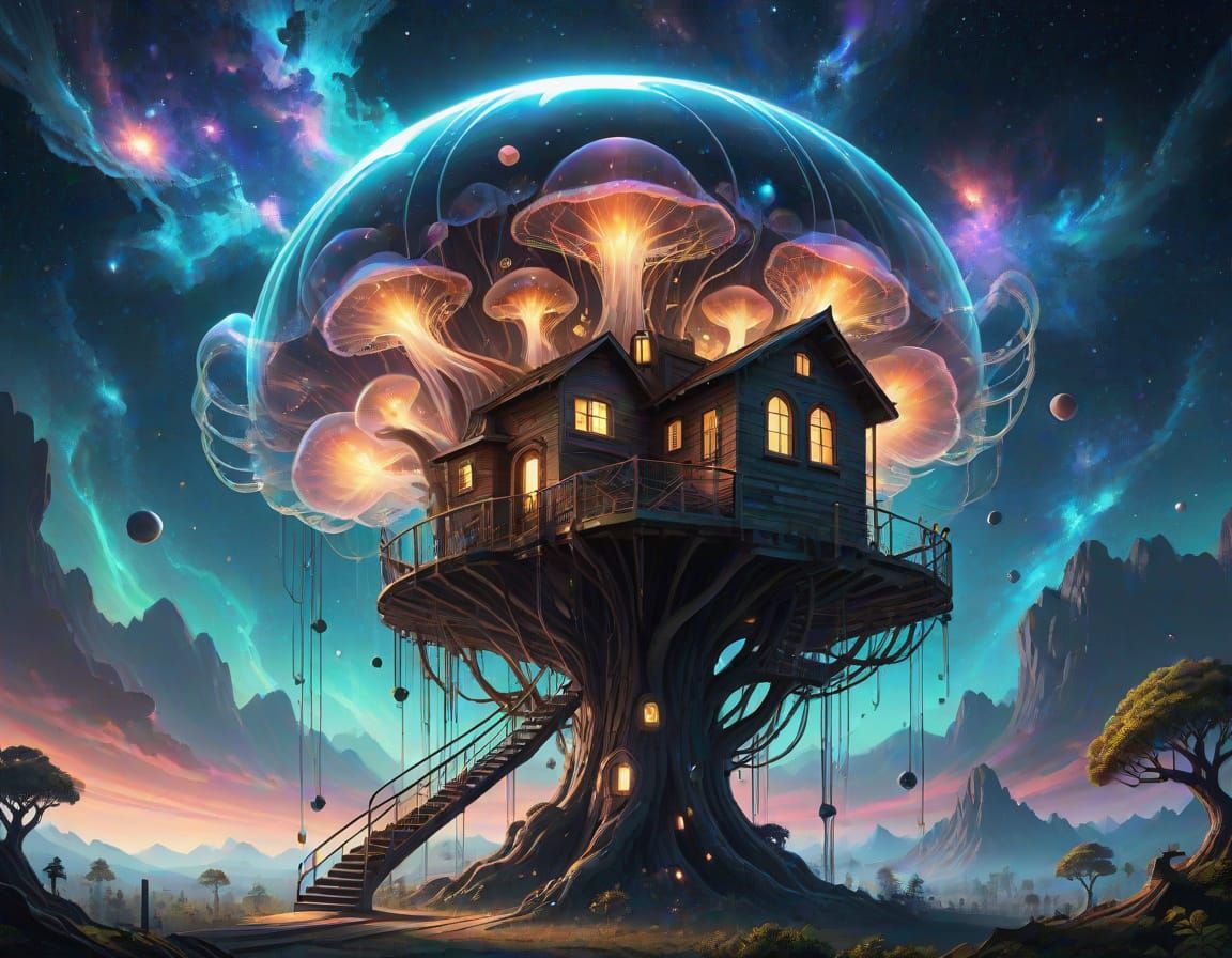 Glowing Jellyfish Treehouse Among Stars and Nebulae in Cosmi...