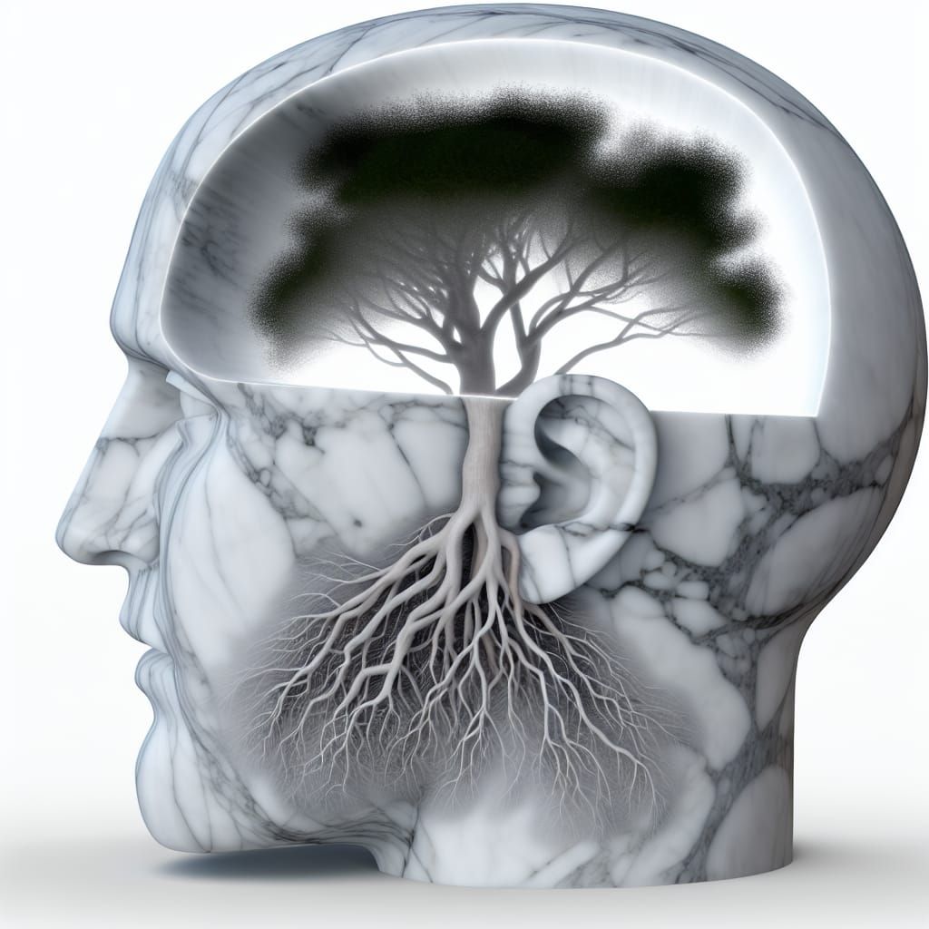 Marble Head Profile with Tree, Hyperrealistic CGI