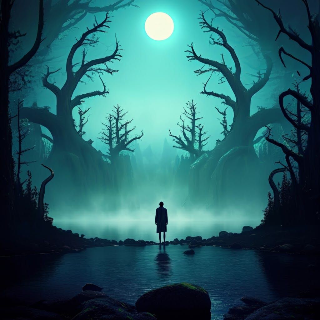 Mystical Moonlit Lake with Lone Figure