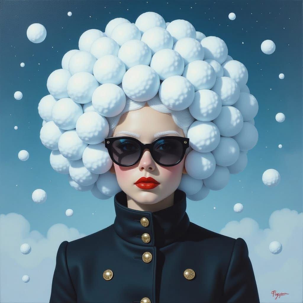 Girl with Snowball Hairdo in Surreal Galactic Scene
