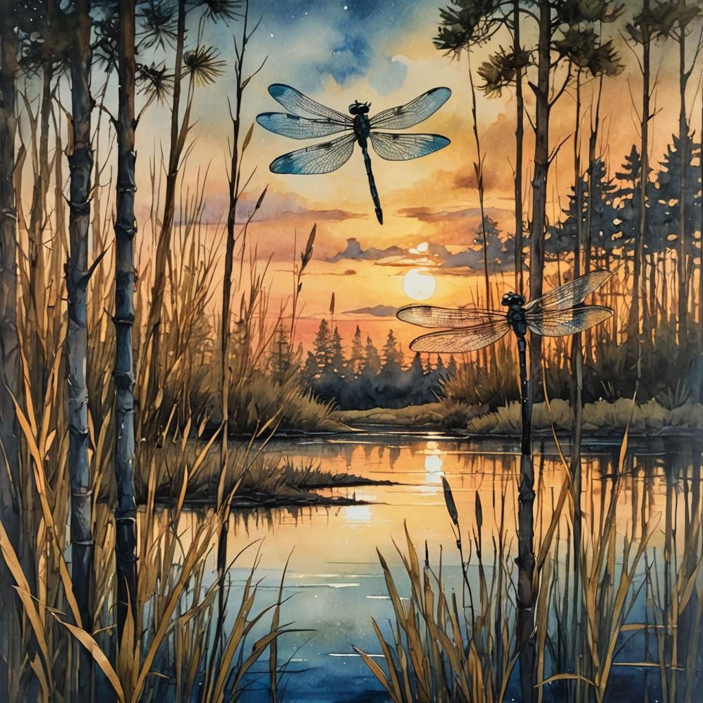 Golden Sunset Over Bay with Dragonfly, Alcohol Ink