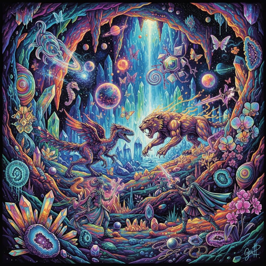 Neon Ink Splatter RPG World: Crystal Cavern Adventure