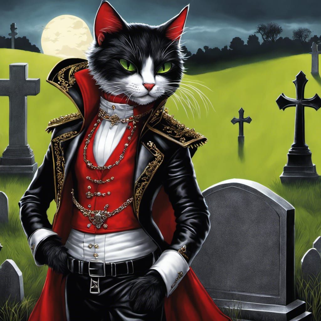 Gothic Vampire Cat in Cemetery, Hyperrealistic Art
