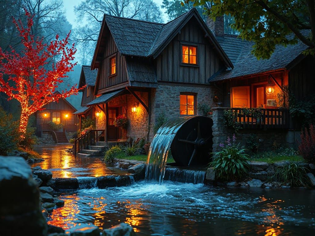 Whimsical Enchanted Watermill in Dreamy Hypermaximalist Surr...