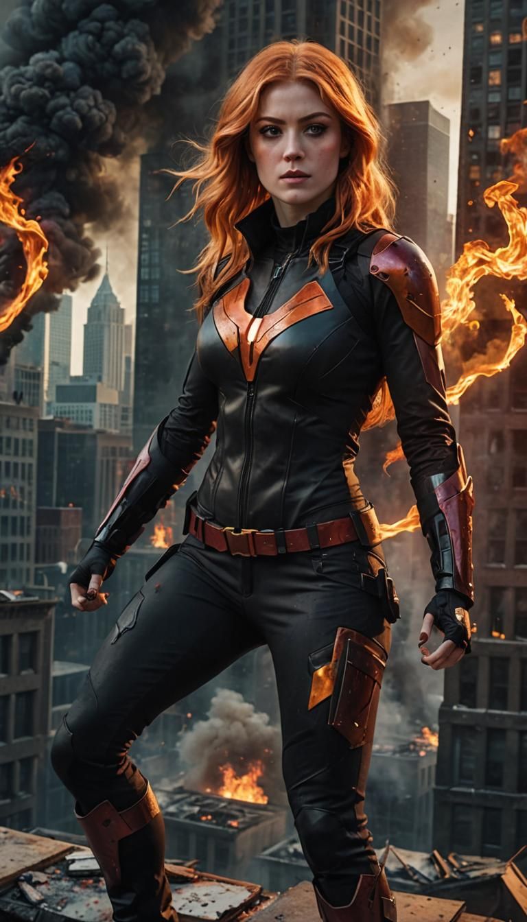 Fiery Superhero Vigilante on Ruined Chicago Rooftop