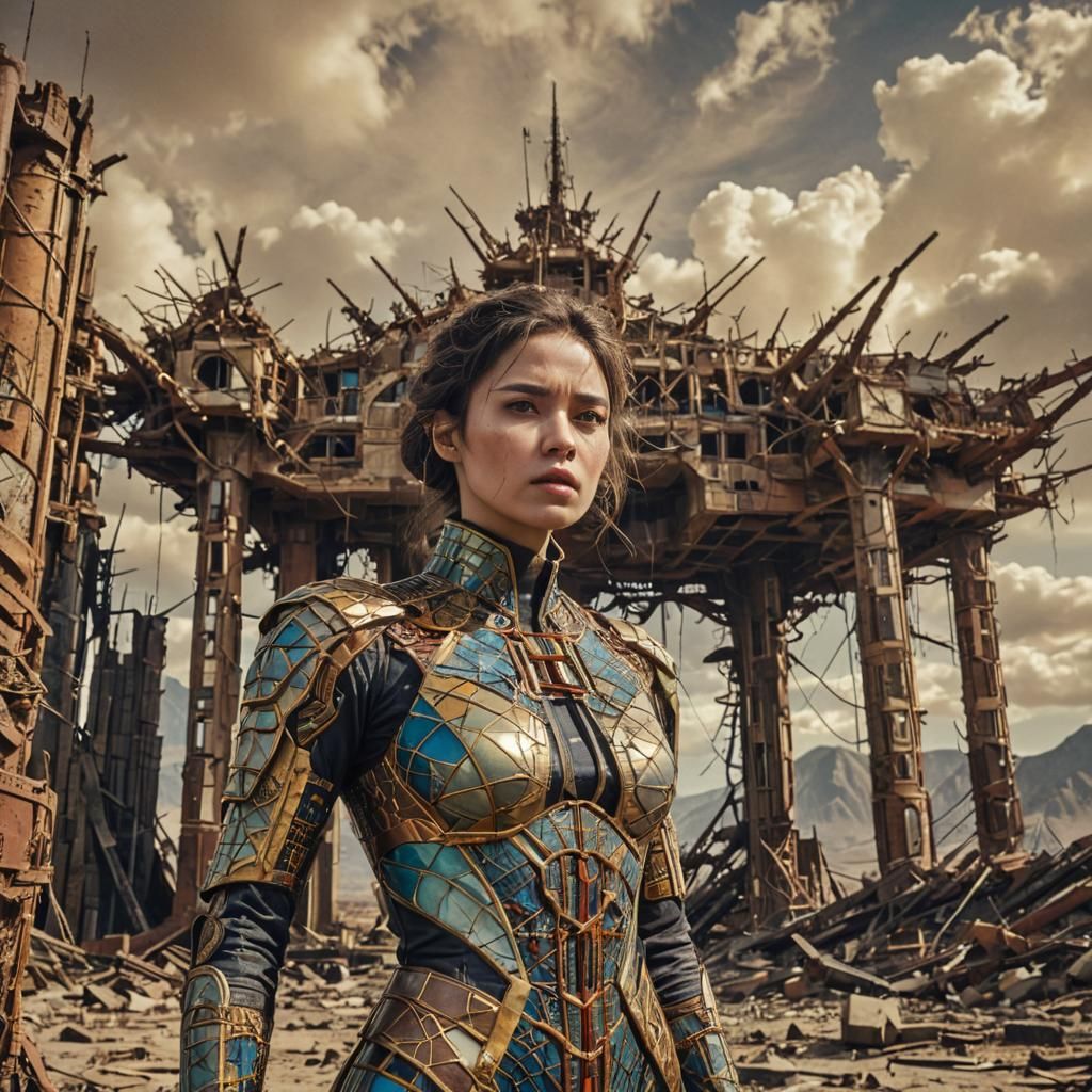 Retro-Futuristic Woman in Post-Apocalyptic Landscape