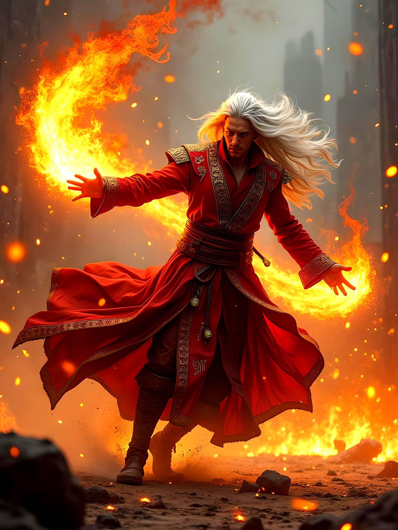 Dynamic Fire Mage in Intense Battle Scene