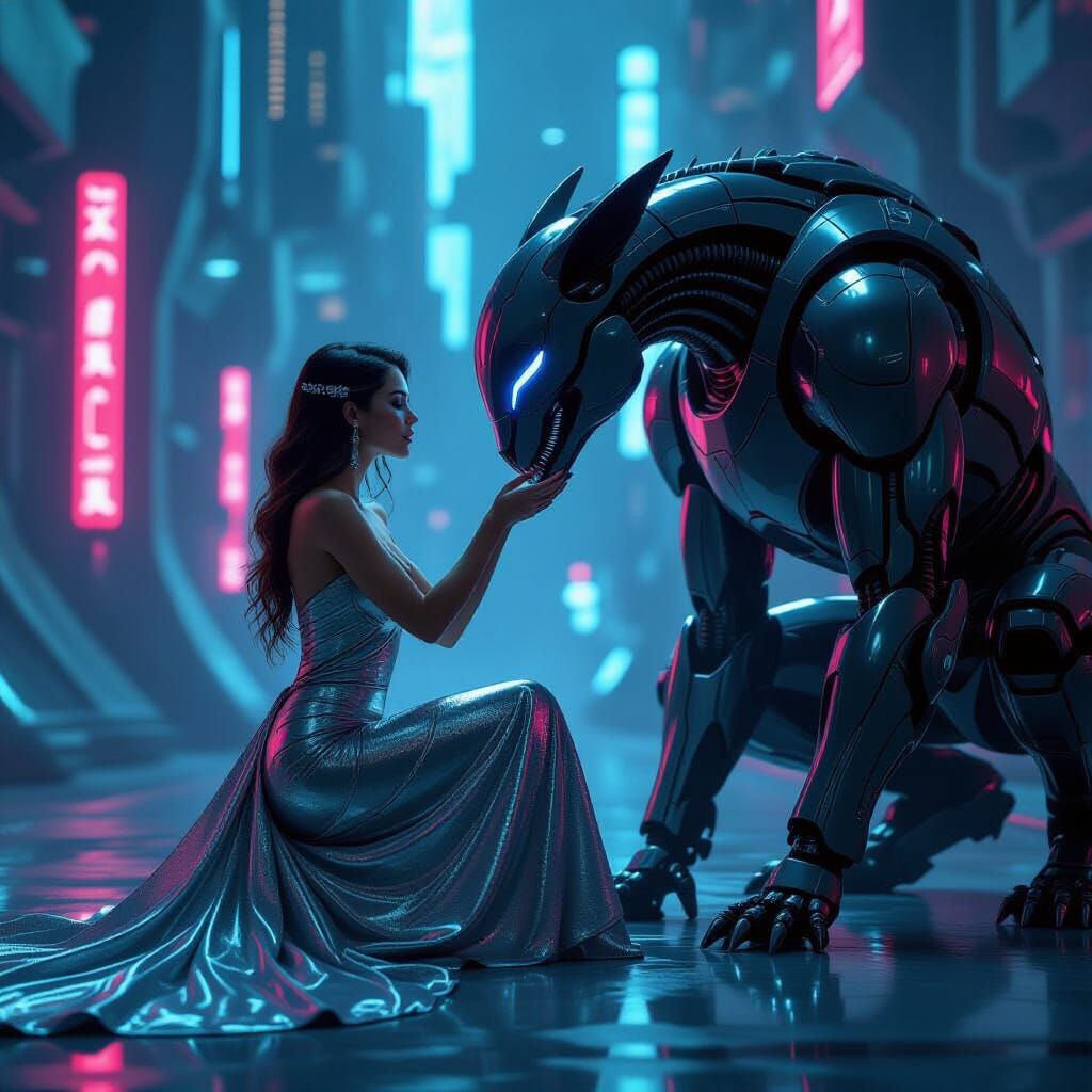 Futuristic Woman and Cybernetic Beast in Art Deco Style