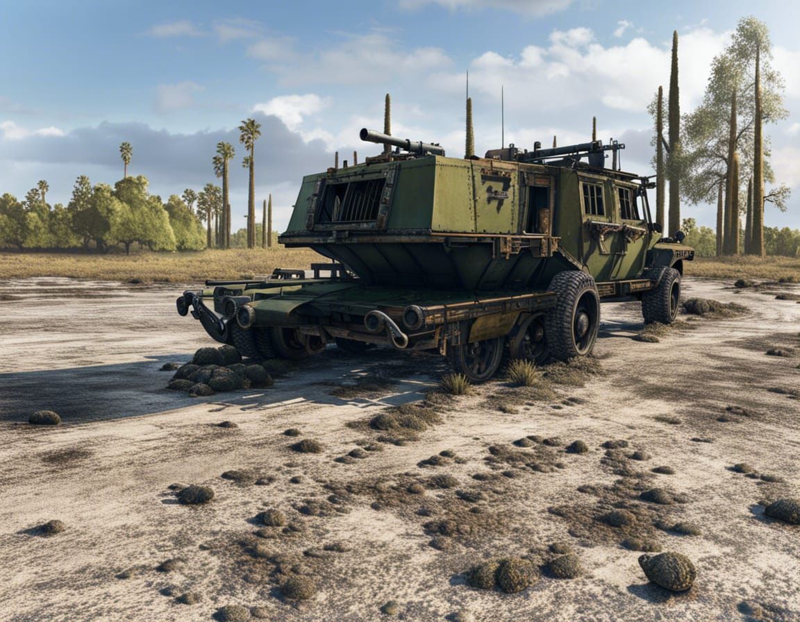 Post-Apocalyptic Armored Wagon on Ruined Bridge