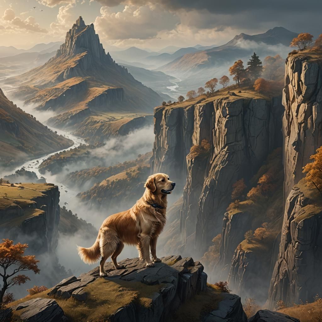 Golden Retriever Overlooking Misty Valley Digital Art