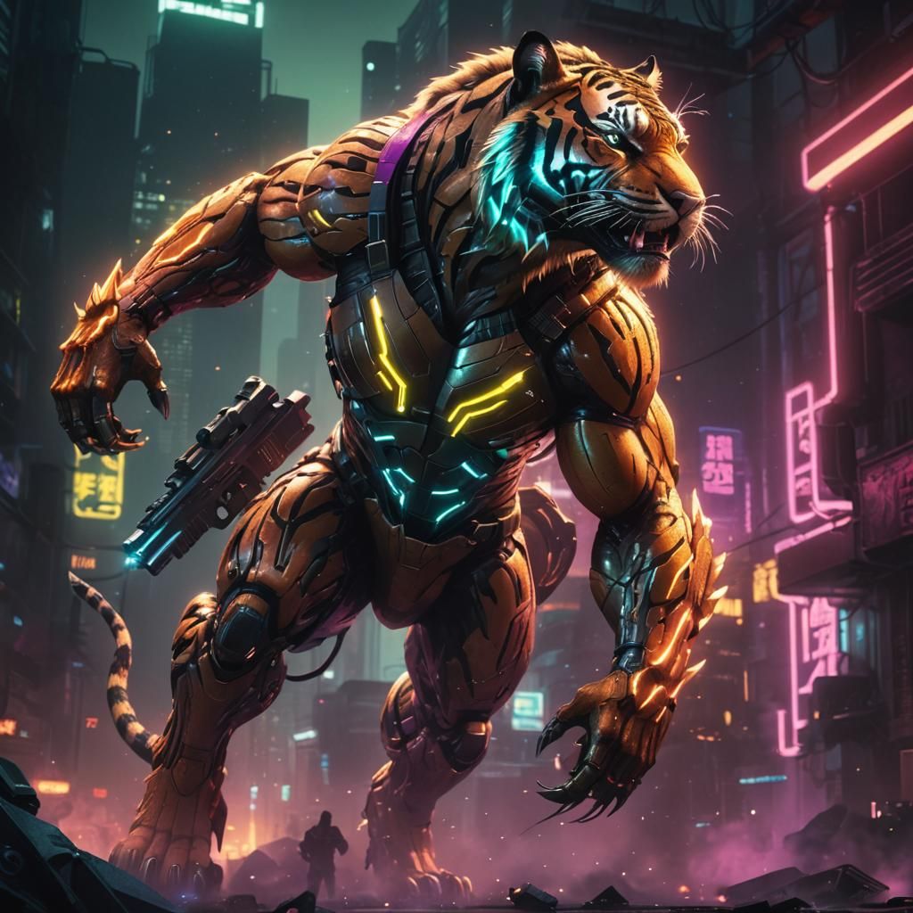 sci-fi full body muscular tiger hybrid with reptilian+scales; futuristic glow flares; futuristic guns and holsters