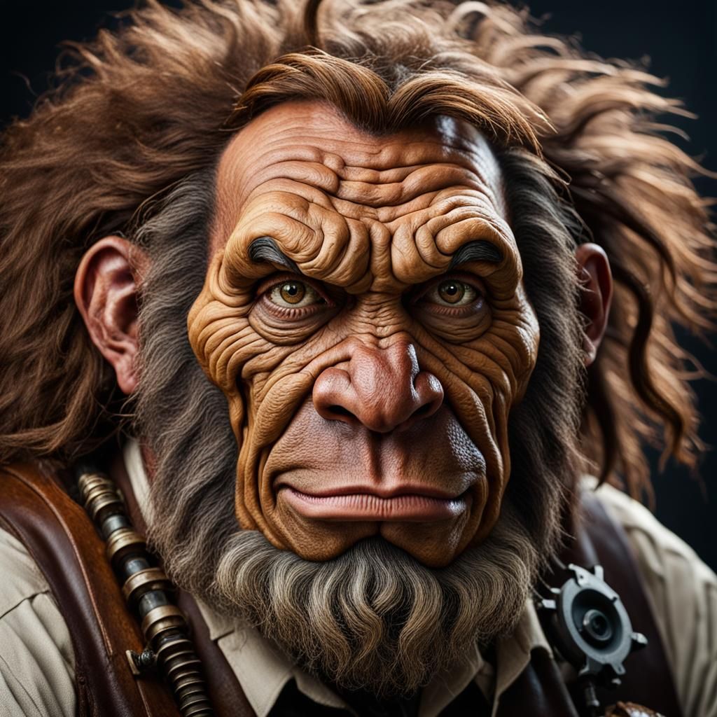 Steampunk Neanderthal Scientist Portrait in Cinematic Realis...