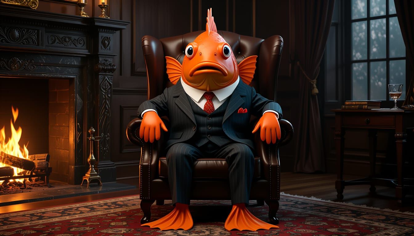 Anthropomorphic Cod Fish in Suit Sits in Formal Den