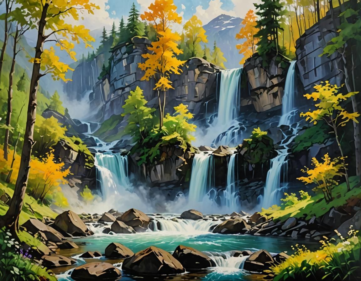 Mystical Waterfalls in Epic Oil Painting Style