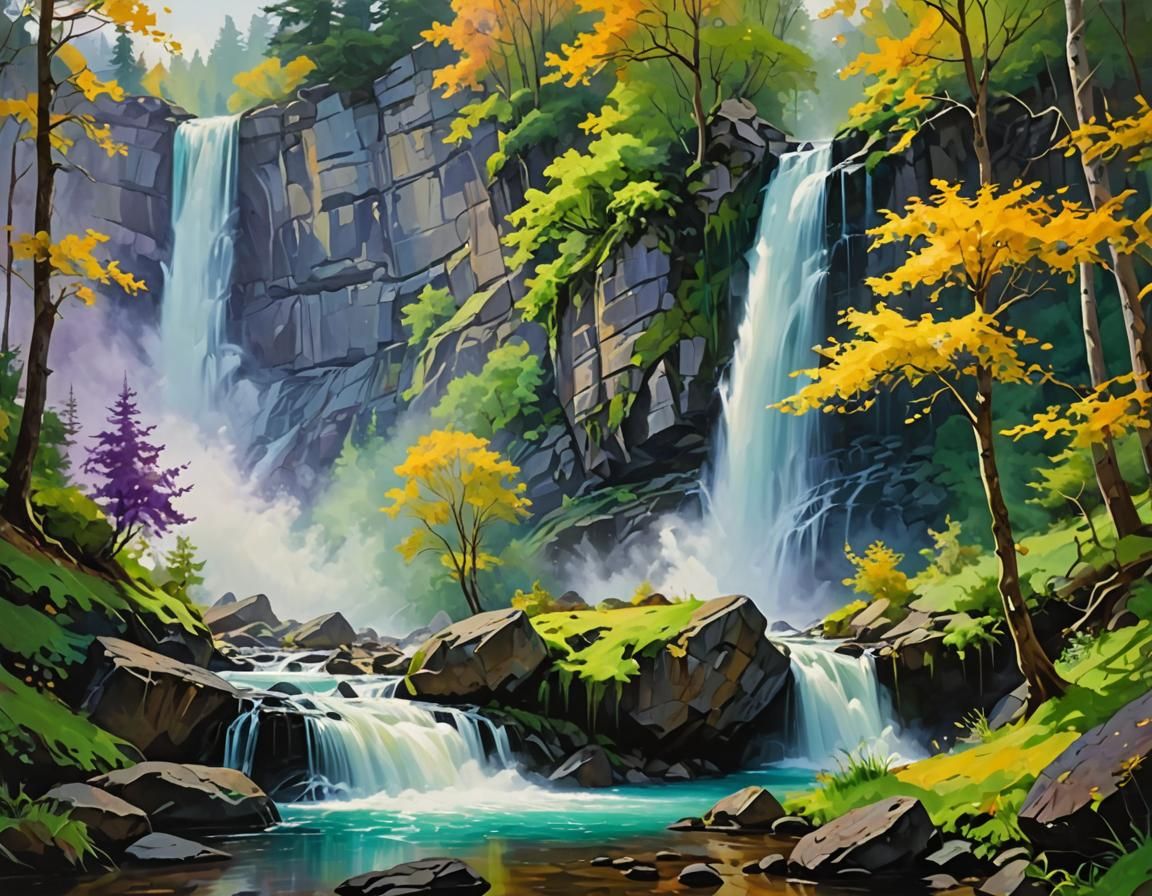 Epic Oil Painting of Mystical Waterfalls