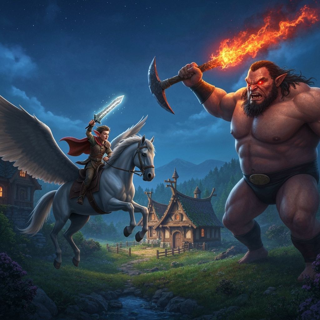 Elf Village Defense: Pegasus Rider Under Starry Night