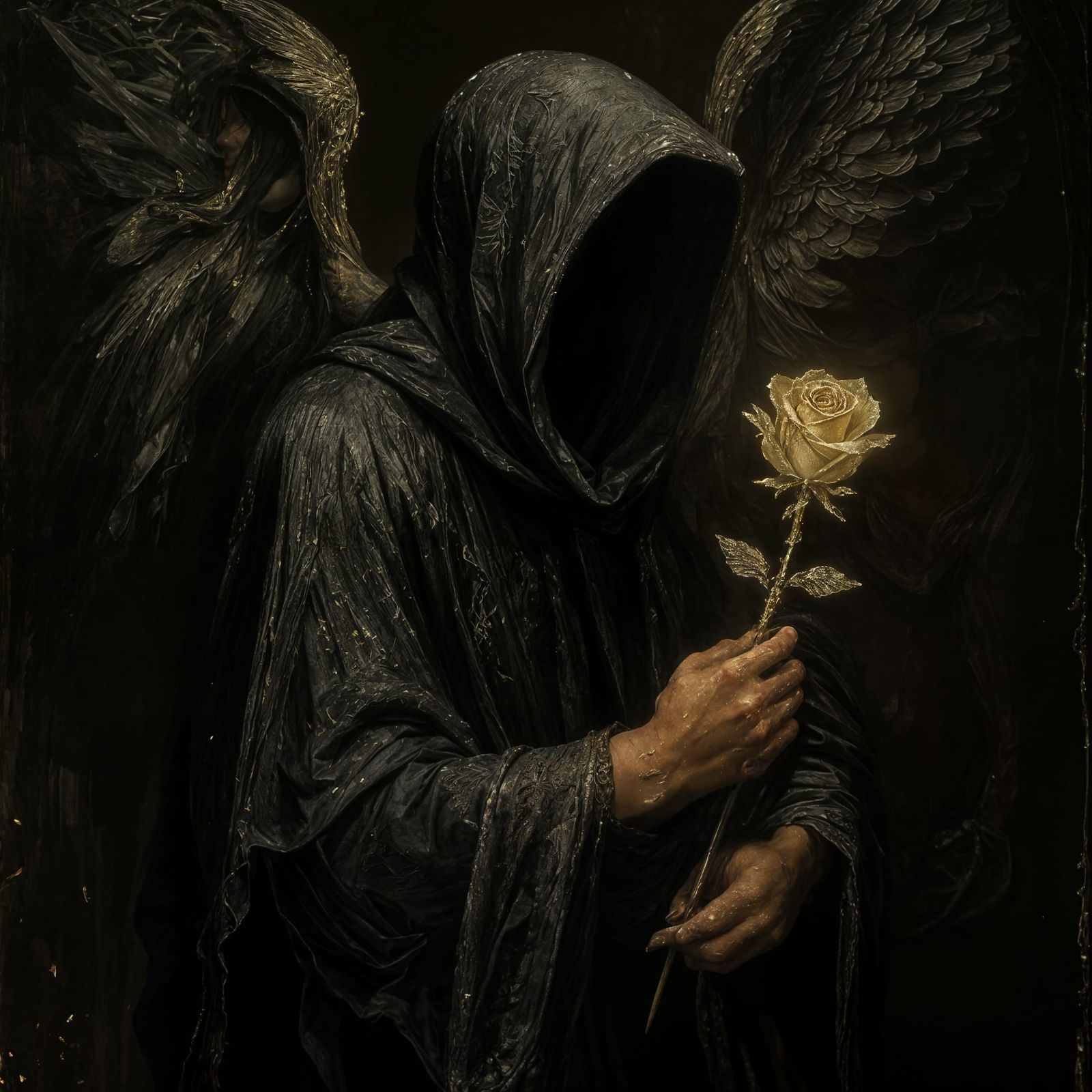 Shadowy Figure with Glass Rose: Oil Painting