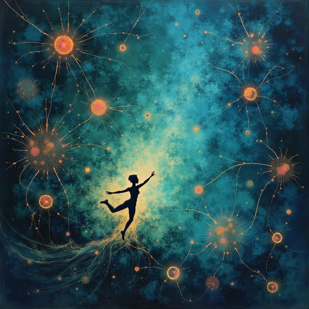 Abstract Yoga and Running Figures with Bioluminescent Neuron...