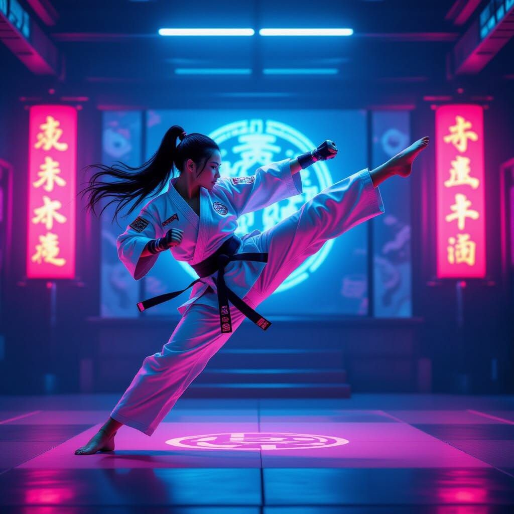 Cyberpunk Martial Artist Executes Flying Kick
