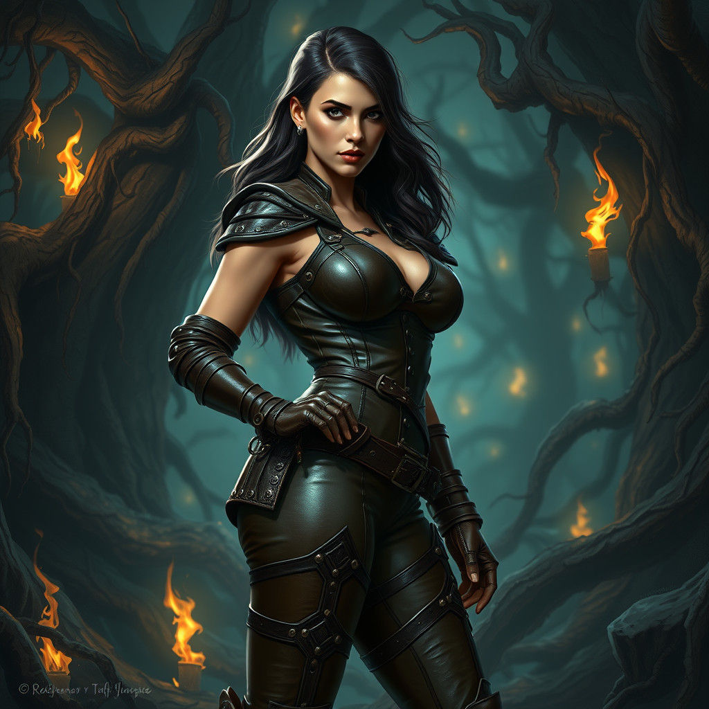 Voluptuous Rogue in Mystical Forest, Frazetta Style