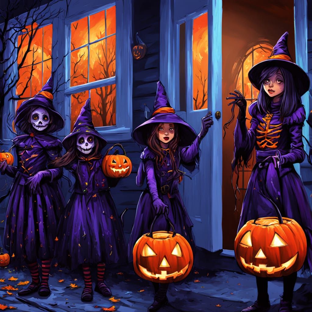 Children Collect Candy in Vibrant Halloween Concept Art