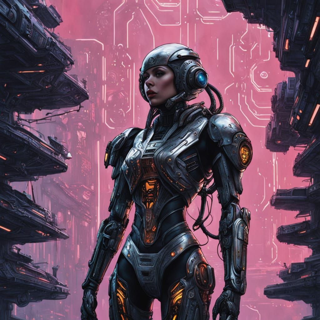 Cyberpunk Girl in Futuristic Exosuit Stands Before a Giant S...