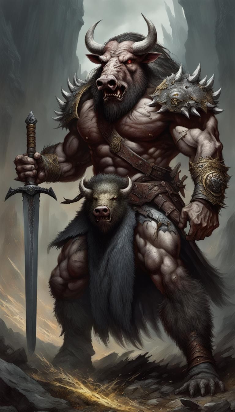 Savage Boar-Headed Warrior with Zweihander Sword