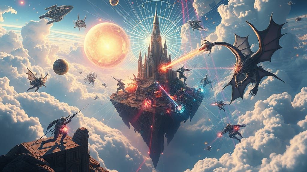 Epic Battle on Floating Island in Dreamlike Utopia