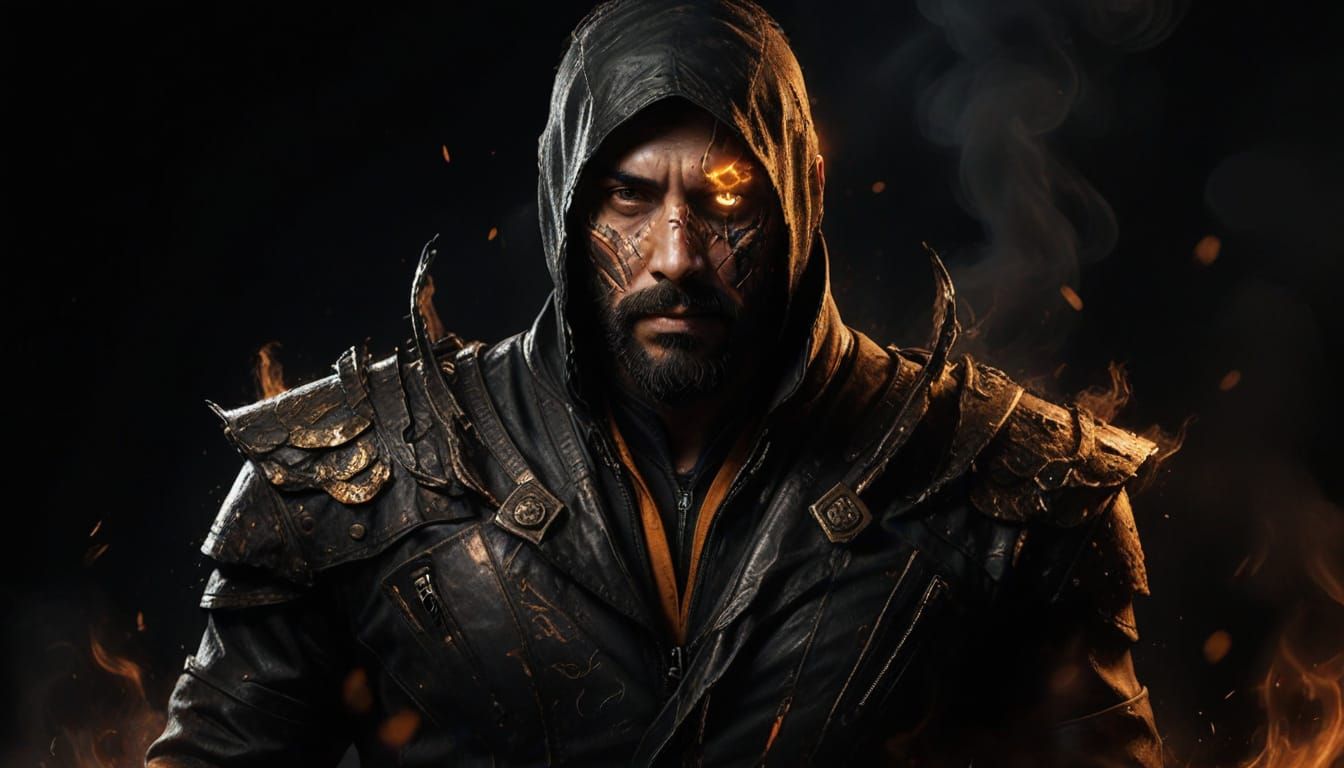 Ethereal Man in Shock and Awe Amidst Smoldering Embers