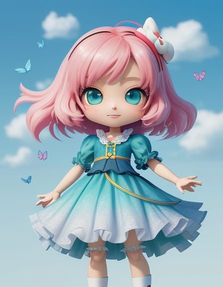 Gunpla girl. A chibi anime girl with a bright smile and sparkly eyes, wearing a frilly pink dress and matching hair bows...