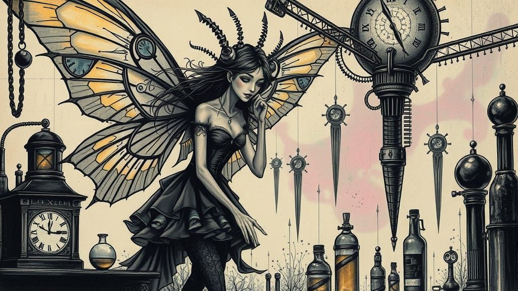 Within The Dues La Machina  Steampunk Fairy Godmother  tends,   great machinr Steampunk  Fairy with Wings,  electric mec...