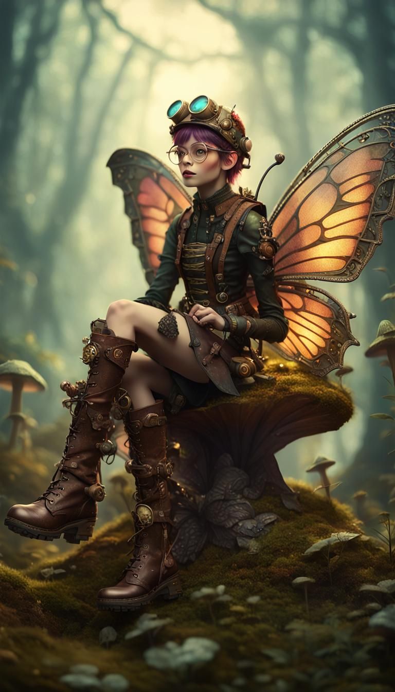 Steampunk Fairy on Mushroom in Dollpunk Style