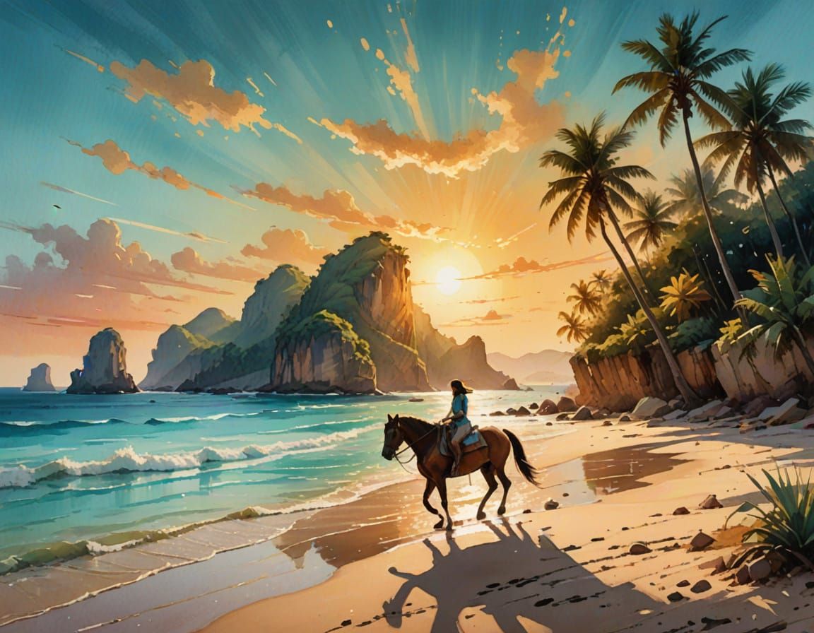 Tropical Seaside Scene with Woman on Horse at Golden Hour