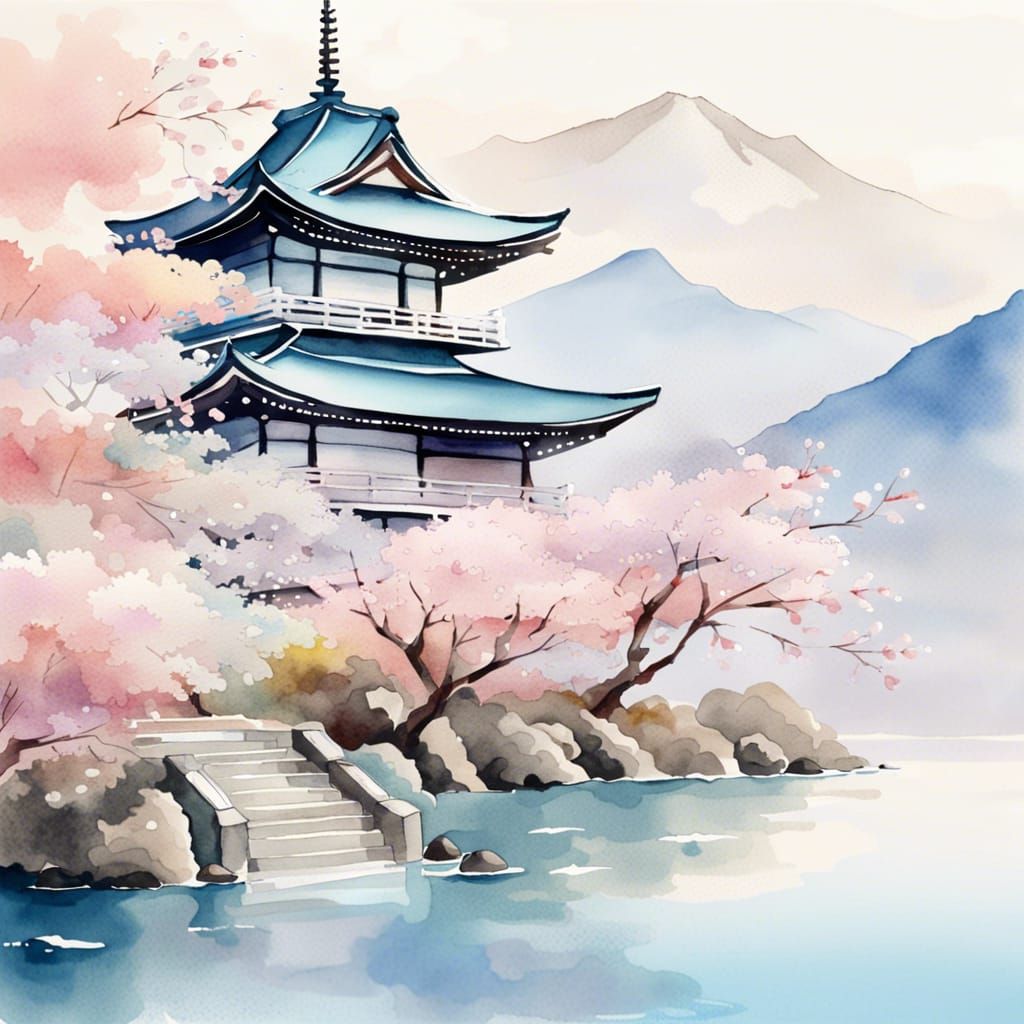 Pastel Watercolor Japanese Temple Scenery