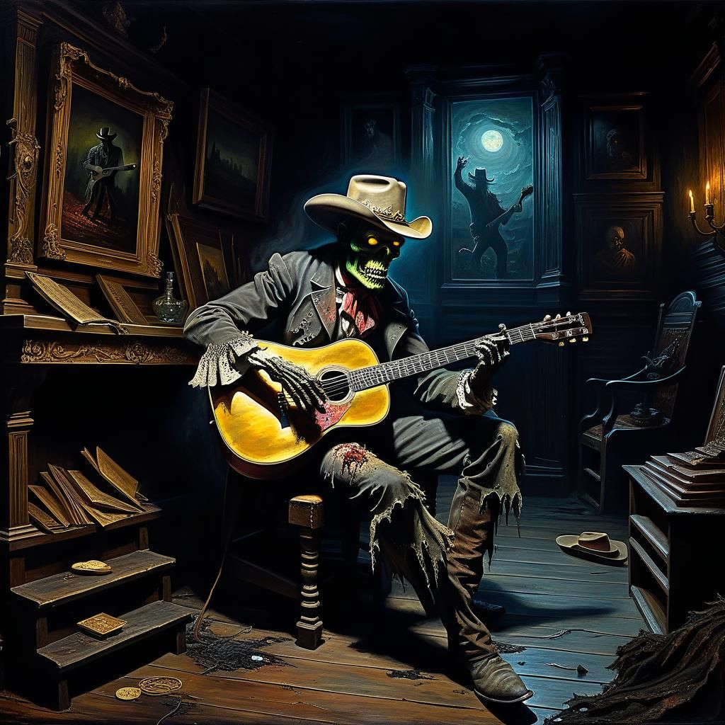 Zombie Cowboy Serenade: A Dark Oil Painting