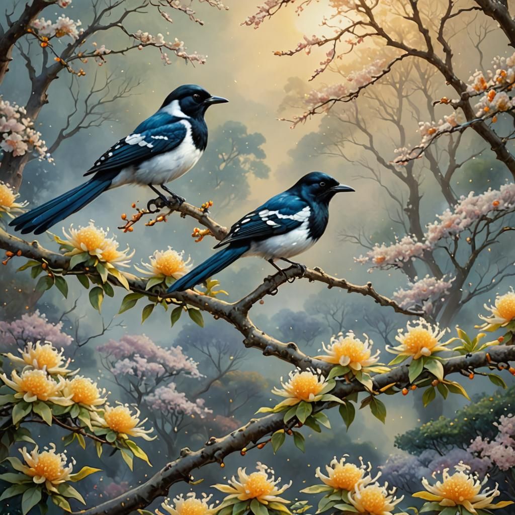 Magpie in Ethereal Osmanthus Garden