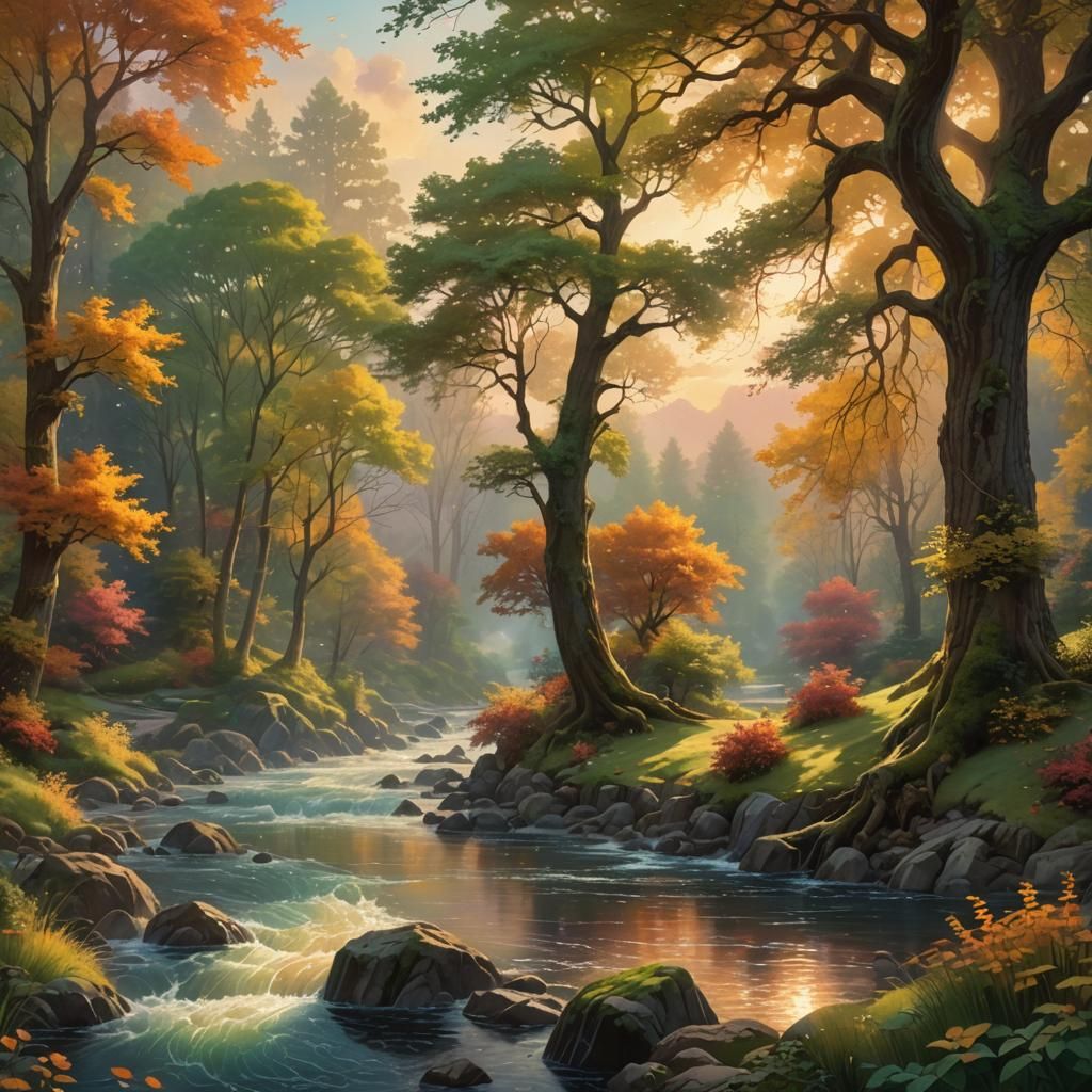 Fantasy Landscape: Sunset Riverbank in Ethereal Light